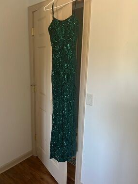 Crystal Doll Teal Spaghetti-Strap Prom Dress with Sequin Trim